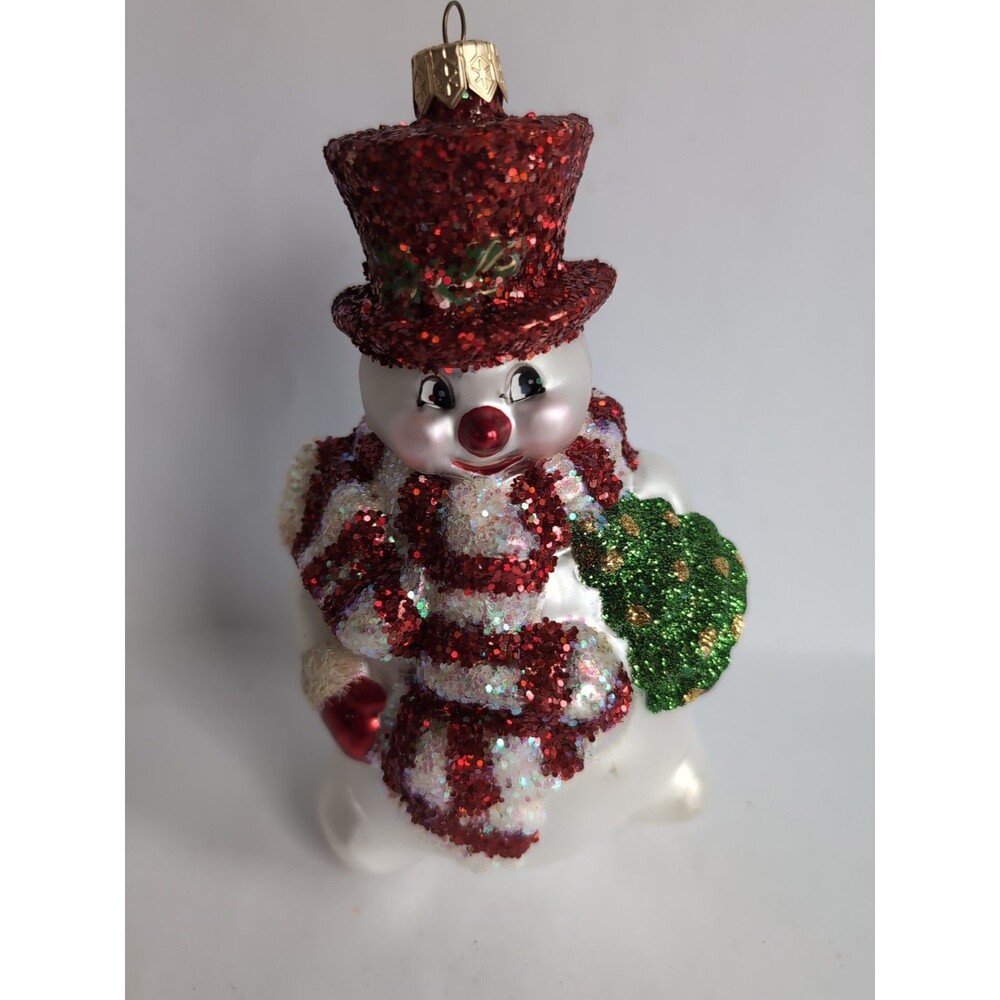 Snowman Candy Cane Scarf Christmas Ornament POLAND Blown Glass Red Glitter